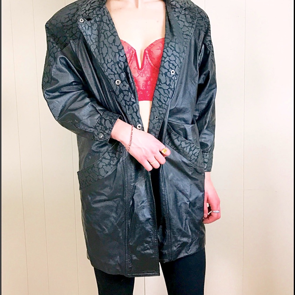 Jet Black 80s Jacket. Leather Oversized Coat, w/ Suede, Cheetah Embossed Detail.